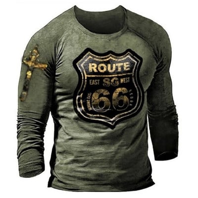 2022 Meeste T-särgid Pikkade varrukatega 3d Print Top Casual Cotton Vintage T-särk Vintage Route 66 Tee lahtised spordirõivad O-kaelusega 5xl