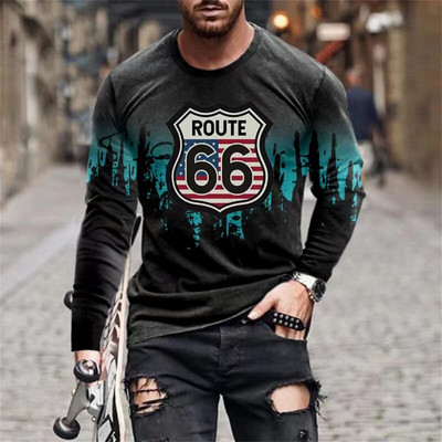 2022 Meeste T-särgid Pikkade varrukatega 3d Print Top Casual Cotton Vintage T-särk Vintage Route 66 Tee lahtised spordirõivad O-kaelusega 5xl