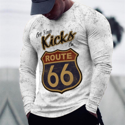 2022 Meeste T-särgid Pikkade varrukatega 3d Print Top Casual Cotton Vintage T-särk Vintage Route 66 Tee lahtised spordirõivad O-kaelusega 5xl