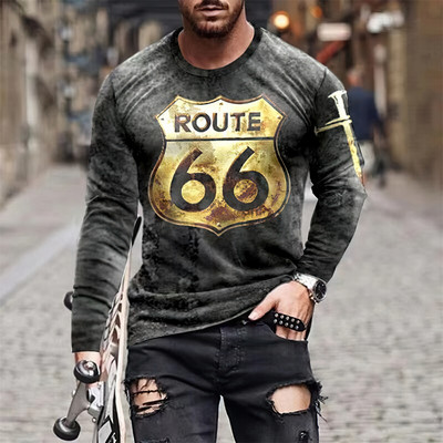 2022 Meeste T-särgid Pikkade varrukatega 3d Print Top Casual Cotton Vintage T-särk Vintage Route 66 Tee lahtised spordirõivad O-kaelusega 5xl