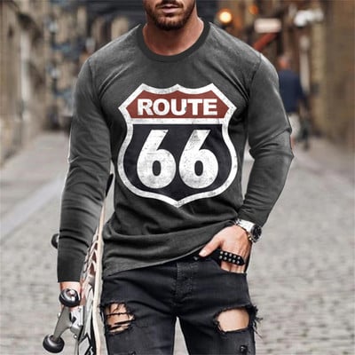 2022 Meeste T-särgid Pikkade varrukatega 3d Print Top Casual Cotton Vintage T-särk Vintage Route 66 Tee lahtised spordirõivad O-kaelusega 5xl