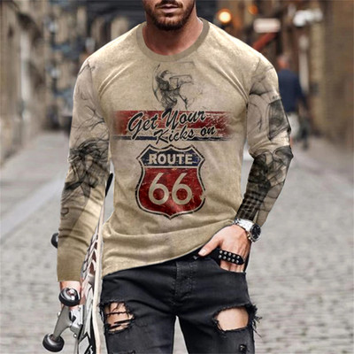 2022 Meeste T-särgid Pikkade varrukatega 3d Print Top Casual Cotton Vintage T-särk Vintage Route 66 Tee lahtised spordirõivad O-kaelusega 5xl