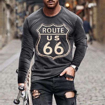 2022 Meeste T-särgid Pikkade varrukatega 3d Print Top Casual Cotton Vintage T-särk Vintage Route 66 Tee lahtised spordirõivad O-kaelusega 5xl