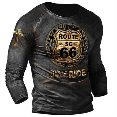 2022 Meeste T-särgid Pikkade varrukatega 3d Print Top Casual Cotton Vintage T-särk Vintage Route 66 Tee lahtised spordirõivad O-kaelusega 5xl