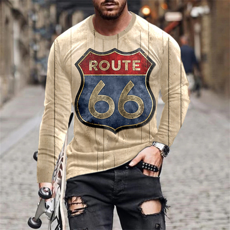 2022 Meeste T-särgid Pikkade varrukatega 3d Print Top Casual Cotton Vintage T-särk Vintage Route 66 Tee lahtised spordirõivad O-kaelusega 5xl