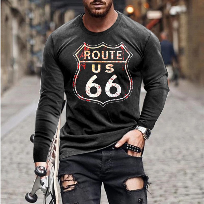 2022 Meeste T-särgid Pikkade varrukatega 3d Print Top Casual Cotton Vintage T-särk Vintage Route 66 Tee lahtised spordirõivad O-kaelusega 5xl
