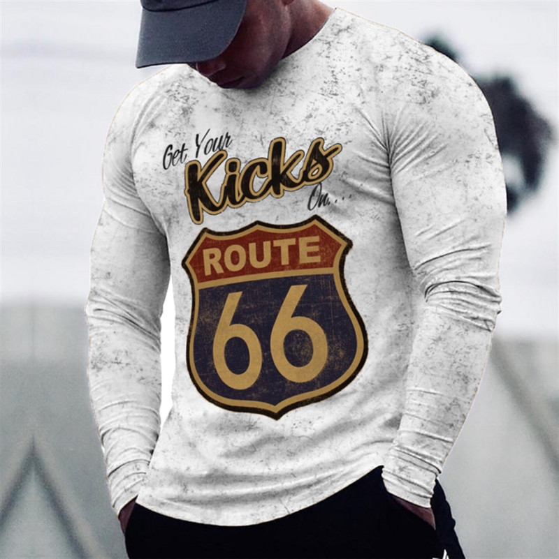 2022 Meeste T-särgid Pikkade varrukatega 3d Print Top Casual Cotton Vintage T-särk Vintage Route 66 Tee lahtised spordirõivad O-kaelusega 5xl