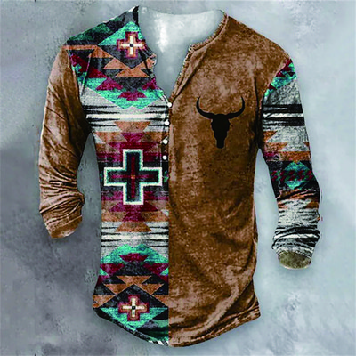 Meeste isikupära Hip Hop pikkade varrukatega V-kraega vintage T-särk, Meeste vabaaja 3D-digiprindiga T-särk.