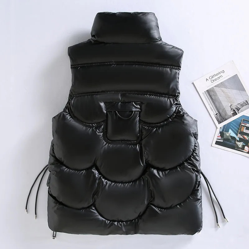 Χειμερινό αμάνικο γυαλιστερό πουπουλένιο βαμβακερό γιλέκο Κορεατικής μόδας Ζεστό αντιανεμικό πανωφόρι 2023 Γυναικεία παλτό με γιακά