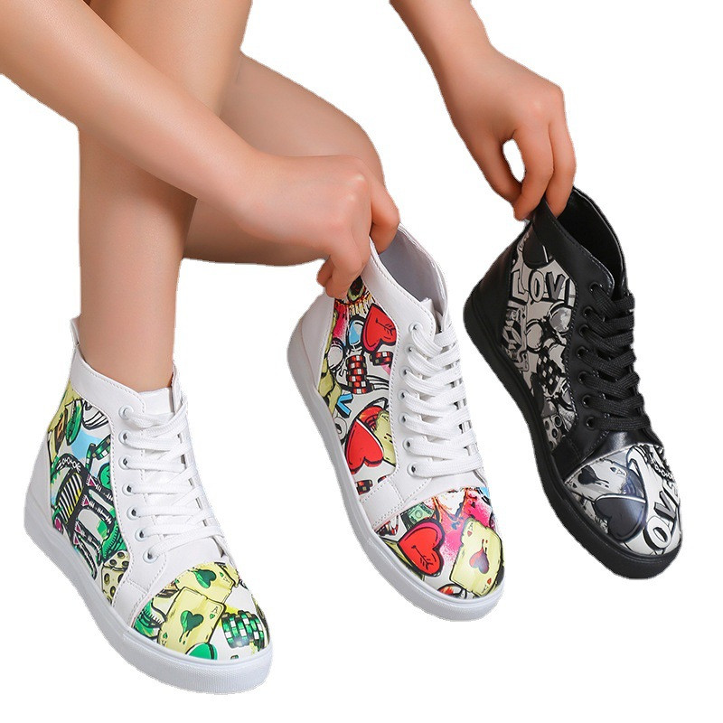 Ženske tenisice s grafitima Jesen 2022. Nove visoke ženske cipele na vezanje Ležerne vulkanizirane cipele 35-43 Ženske ravne cipele velike veličine