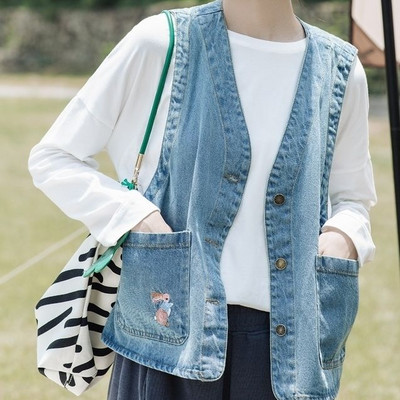 Vintage vestid Naised Denim Kawaii Jaapani stiil vabaaja tudengid Trendikad varrukateta vestid Kevadised Kõik mängud Ins Campus Harajuku