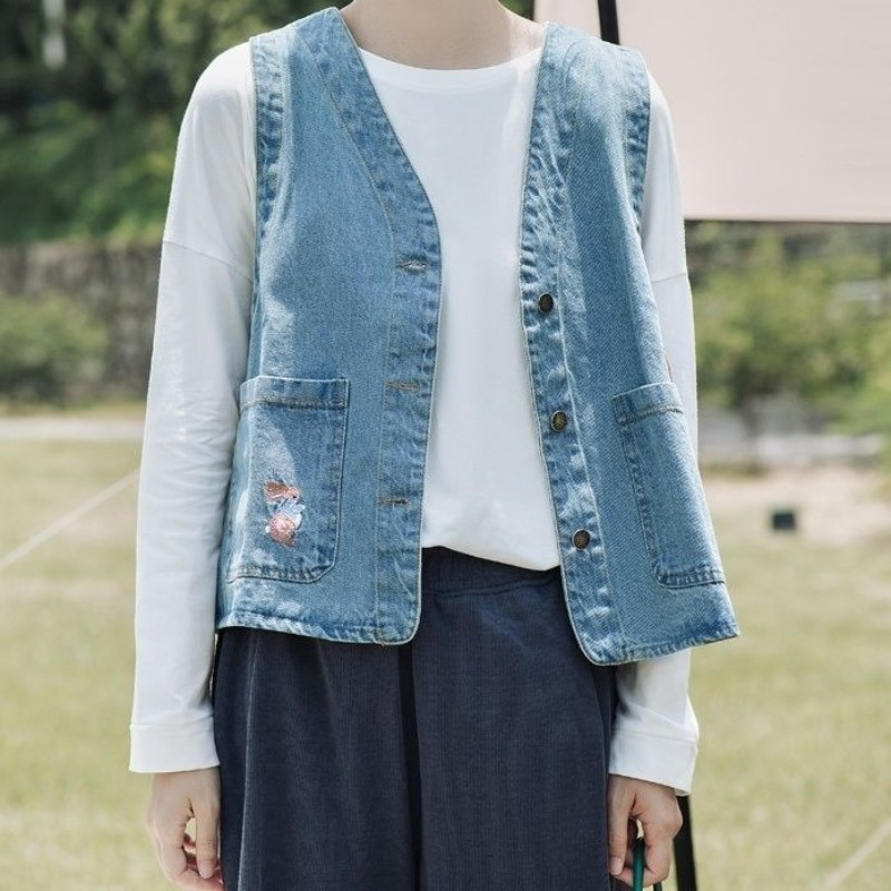 Vintage vestid Naised Denim Kawaii Jaapani stiil vabaaja tudengid Trendikad varrukateta vestid Kevadised Kõik mängud Ins Campus Harajuku