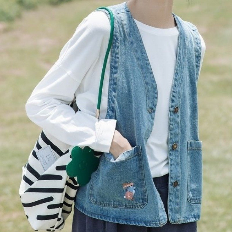 Vintage vestid Naised Denim Kawaii Jaapani stiil vabaaja tudengid Trendikad varrukateta vestid Kevadised Kõik mängud Ins Campus Harajuku