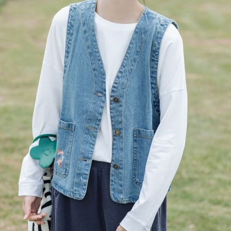 Vintage vestid Naised Denim Kawaii Jaapani stiil vabaaja tudengid Trendikad varrukateta vestid Kevadised Kõik mängud Ins Campus Harajuku