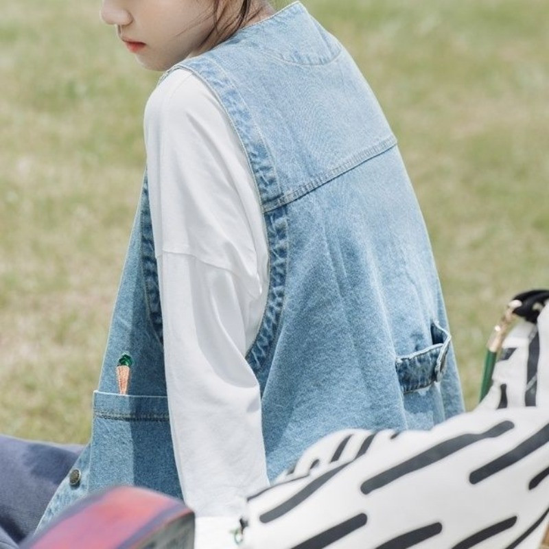 Vintage vestid Naised Denim Kawaii Jaapani stiil vabaaja tudengid Trendikad varrukateta vestid Kevadised Kõik mängud Ins Campus Harajuku