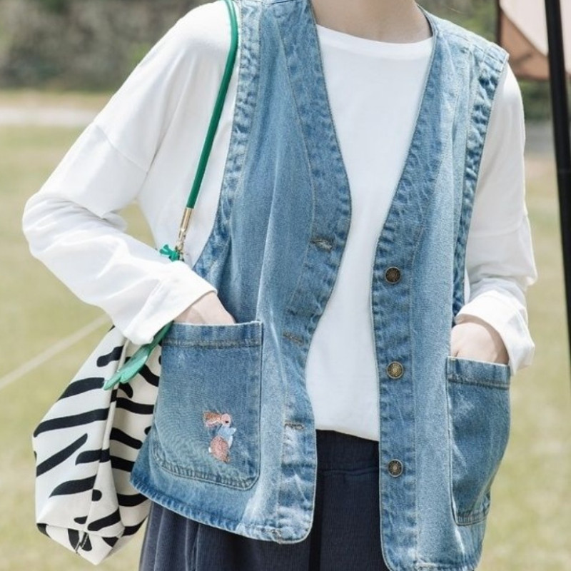 Vintage vestid Naised Denim Kawaii Jaapani stiil vabaaja tudengid Trendikad varrukateta vestid Kevadised Kõik mängud Ins Campus Harajuku