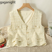 Gaganight Women Celebrity Temperament V λαιμόκοψη Χοντρό τουίντ γιλέκο Ζακέτα 2023 Καλοκαίρι Νέο υψηλού επιπέδου γαλλικό κοντό γιλέκο