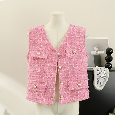 Gaganight Women Celebrity Temperament V λαιμόκοψη Χοντρό τουίντ γιλέκο Ζακέτα 2023 Καλοκαίρι Νέο υψηλού επιπέδου γαλλικό κοντό γιλέκο