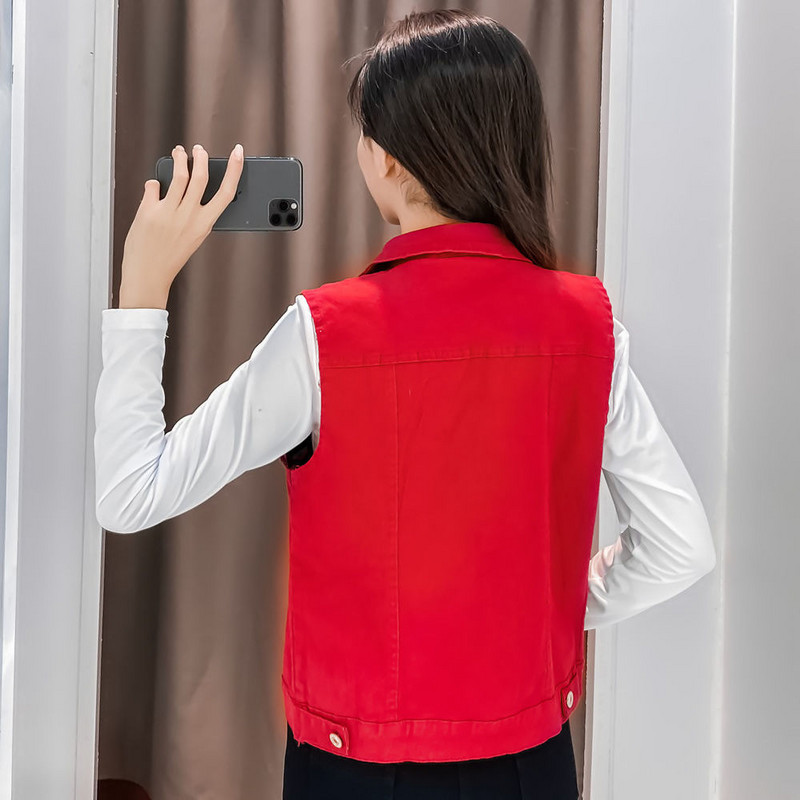Κόκκινο τζιν γιλέκο Γυναικεία casual κοντά σακάκια χωρίς λεβέ άνοιξη καλοκαιρινό γιλέκο Κορεατικής μόδας Cowboy Chalecos Τζιν γιλέκο
