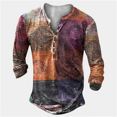 Meeste pikkade varrukatega särk retro T-särk etniline graafiline tipprõivad sügis V-kaelus 2022 vabaajarõivad