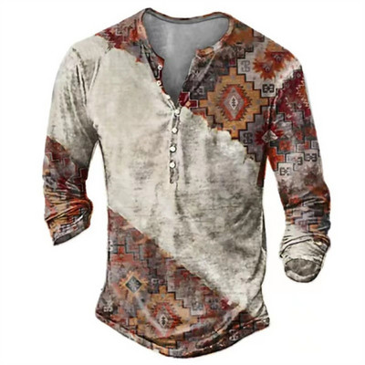 Meeste pikkade varrukatega särk retro T-särk etniline graafiline tipprõivad sügis V-kaelus 2022 vabaajarõivad
