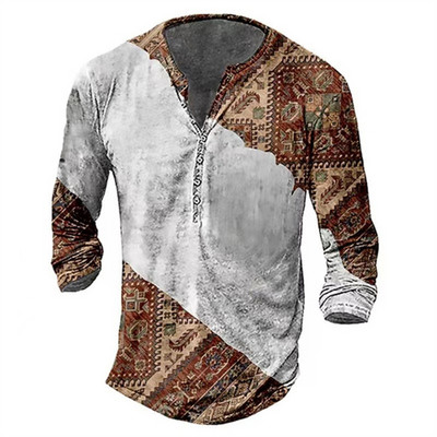 Meeste pikkade varrukatega särk retro T-särk etniline graafiline tipprõivad sügis V-kaelus 2022 vabaajarõivad