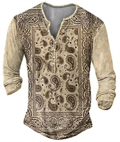 Meeste pikkade varrukatega särk retro T-särk etniline graafiline tipprõivad sügis V-kaelus 2022 vabaajarõivad