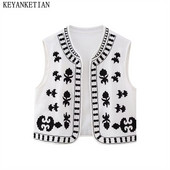 KEYANKETIAN boemski ženski prsluk s cvjetnim vezom Blusas jesenski novi crno-bijeli tanki prsluk kratke gornje odjeće retro