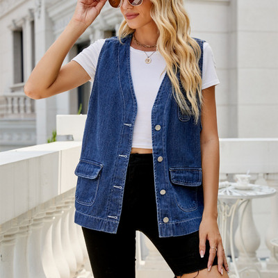 Τζιν γυναικείο γιλέκο πολυτελείας μόδας σκισμένο Φθινοπωρινό τζιν μπουφάν αμάνικο φαρδύ κοντό παλτό Causal γιλέκα Cowboy Tank Υψηλής ποιότητας