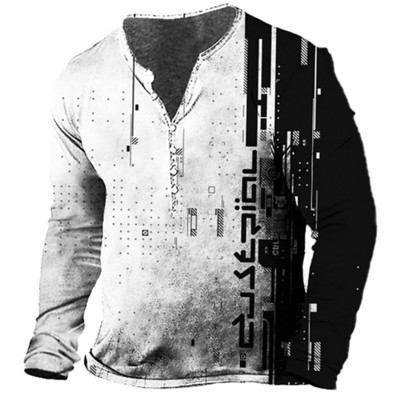 2022 Μπλουζάκι παλιού στυλ Ανδρικό πουκάμισο με γραφικά κιθάρας εμπριμέ μακρυμάνικο μπλουζάκι 5xl με κουμπί V λαιμόκοψη Μπλουζάκι μεγάλου μεγέθους