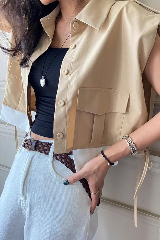 Korea vintage temperament, voodipesu krae, üherealine kärbitud vest, naiste kõik sobivad tugeva ja suure taskuga pitsiga jakktopsid