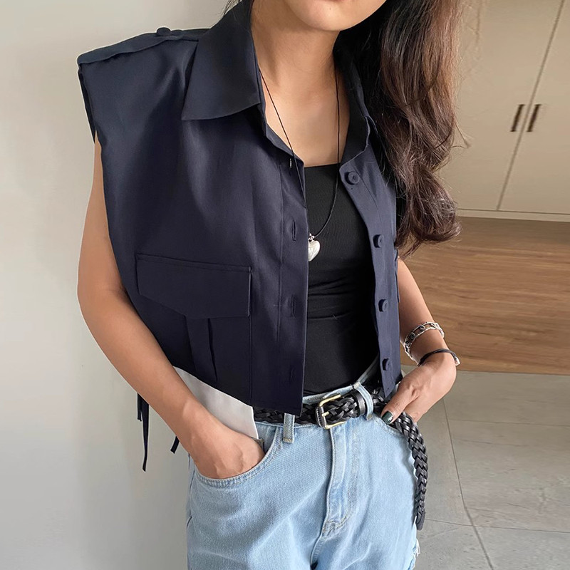 Korea vintage temperament, voodipesu krae, üherealine kärbitud vest, naiste kõik sobivad tugeva ja suure taskuga pitsiga jakktopsid