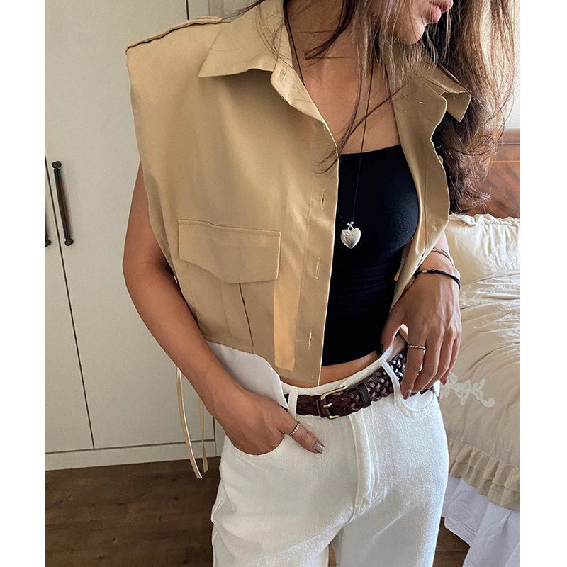 Korea vintage temperament, voodipesu krae, üherealine kärbitud vest, naiste kõik sobivad tugeva ja suure taskuga pitsiga jakktopsid