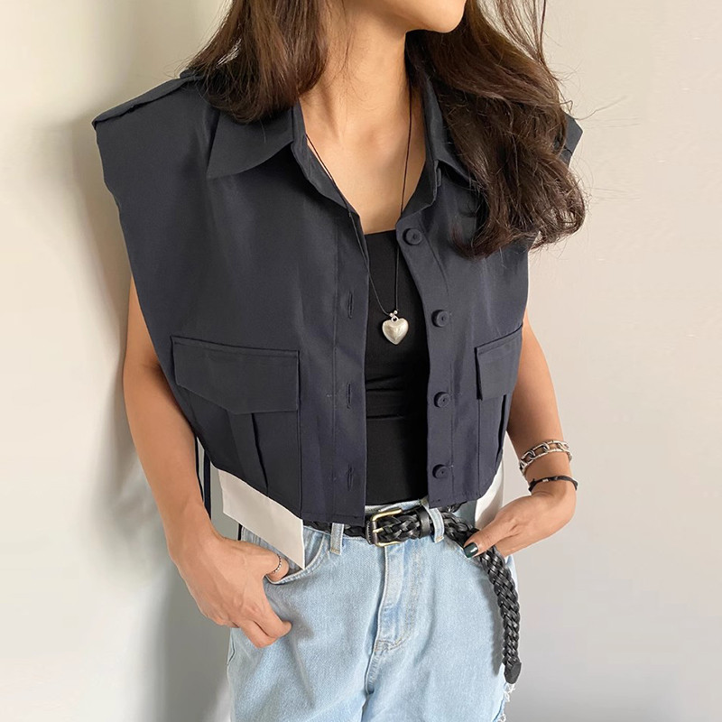 Korea vintage temperament, voodipesu krae, üherealine kärbitud vest, naiste kõik sobivad tugeva ja suure taskuga pitsiga jakktopsid