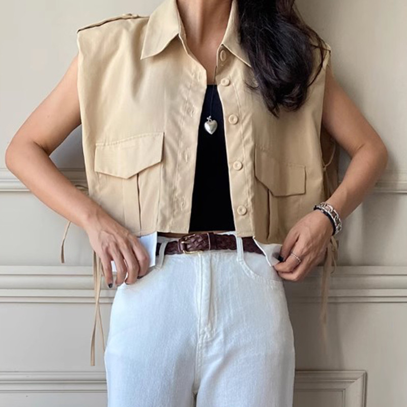 Korea vintage temperament, voodipesu krae, üherealine kärbitud vest, naiste kõik sobivad tugeva ja suure taskuga pitsiga jakktopsid