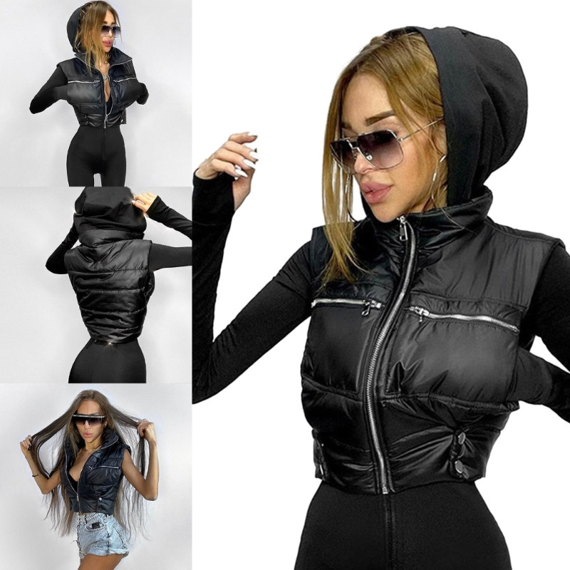 Naiste puuvillane polsterdatud vest Naiste varrukateta Crop vest Y2k moodne puffervest tõmblukuga kraega lühike ülaosa Gilet tänavarõivad