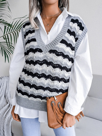 Sügis 2023 Charmingtrend Kampsunid Talvine vabaaja kootud V-kaelusega triibuline vestiga kampsunid Naiste kudumid Pulloverid Naiste topp