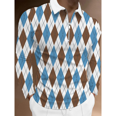 Ανδρικό μπλουζάκι πόλο με φερμουάρ 2022 με 3D printed, Personalized Trend, καρό μοτίβο, κλασικό μακρυμάνικο μπλουζάκι πόλο με λεπτή εφαρμογή.