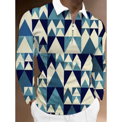 Ανδρικό μπλουζάκι πόλο με φερμουάρ 2022 με 3D printed, Personalized Trend, καρό μοτίβο, κλασικό μακρυμάνικο μπλουζάκι πόλο με λεπτή εφαρμογή.