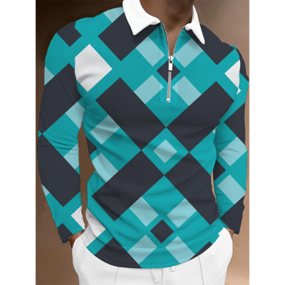 Ανδρικό μπλουζάκι πόλο με φερμουάρ 2022 με 3D printed, Personalized Trend, καρό μοτίβο, κλασικό μακρυμάνικο μπλουζάκι πόλο με λεπτή εφαρμογή.