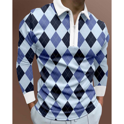 Ανδρικό μπλουζάκι πόλο με φερμουάρ 2022 με 3D printed, Personalized Trend, καρό μοτίβο, κλασικό μακρυμάνικο μπλουζάκι πόλο με λεπτή εφαρμογή.