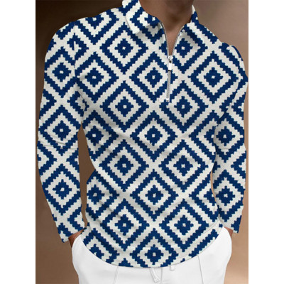 Ανδρικό μπλουζάκι πόλο με φερμουάρ 2022 με 3D printed, Personalized Trend, καρό μοτίβο, κλασικό μακρυμάνικο μπλουζάκι πόλο με λεπτή εφαρμογή.