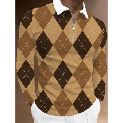 Ανδρικό μπλουζάκι πόλο με φερμουάρ 2022 με 3D printed, Personalized Trend, καρό μοτίβο, κλασικό μακρυμάνικο μπλουζάκι πόλο με λεπτή εφαρμογή.