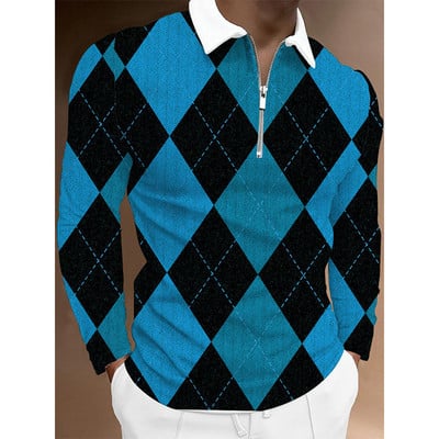 Ανδρικό μπλουζάκι πόλο με φερμουάρ 2022 με 3D printed, Personalized Trend, καρό μοτίβο, κλασικό μακρυμάνικο μπλουζάκι πόλο με λεπτή εφαρμογή.