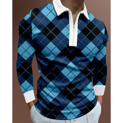 Ανδρικό μπλουζάκι πόλο με φερμουάρ 2022 με 3D printed, Personalized Trend, καρό μοτίβο, κλασικό μακρυμάνικο μπλουζάκι πόλο με λεπτή εφαρμογή.