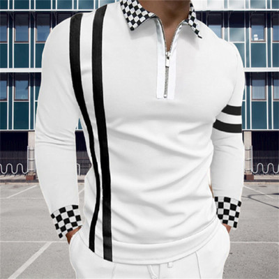 Modne patchwork majice dugih rukava s prugama Muške ležerne polo majice s otvorenim ovratnikom s patentnim zatvaračem Vintage ležerne muške uske polo majice