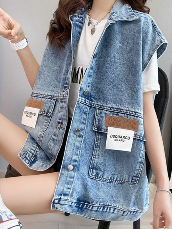 [EWQ] Letter Patch Σχέδια Streetwear Λεπτό φθινοπωρινό τζιν γιλέκο Γυναικείο πέτο Φαρδύ αμάνικο μπουφάν Γυναικείο 2023 New Tide 16O67