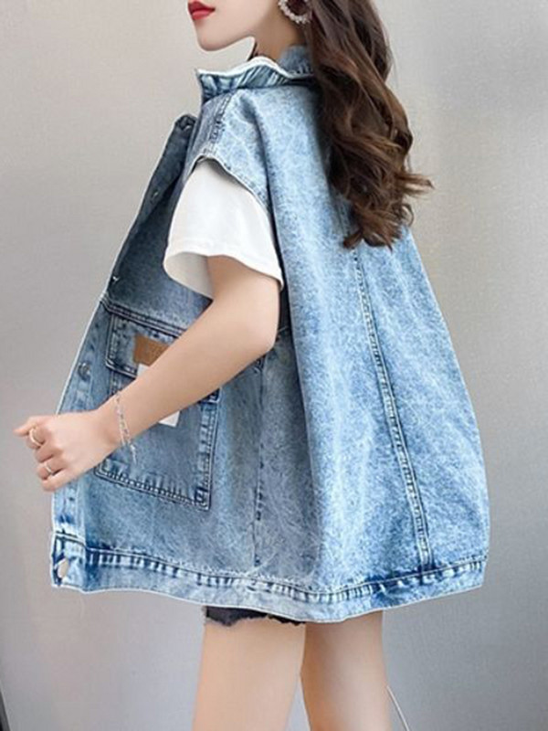 [EWQ] Letter Patch Σχέδια Streetwear Λεπτό φθινοπωρινό τζιν γιλέκο Γυναικείο πέτο Φαρδύ αμάνικο μπουφάν Γυναικείο 2023 New Tide 16O67