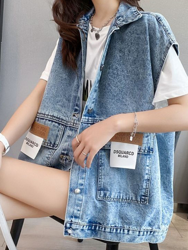 [EWQ] Letter Patch Σχέδια Streetwear Λεπτό φθινοπωρινό τζιν γιλέκο Γυναικείο πέτο Φαρδύ αμάνικο μπουφάν Γυναικείο 2023 New Tide 16O67