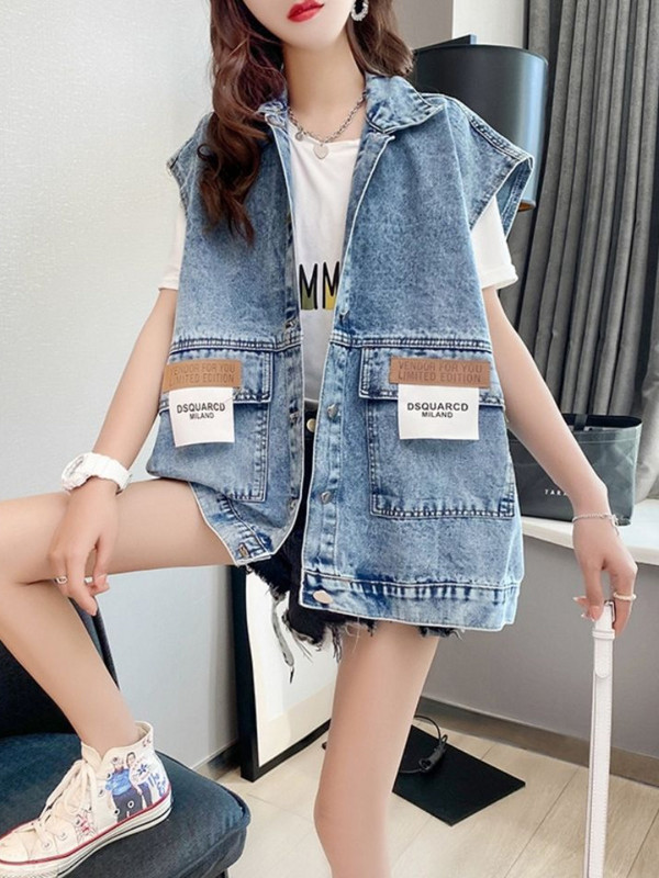 [EWQ] Letter Patch Σχέδια Streetwear Λεπτό φθινοπωρινό τζιν γιλέκο Γυναικείο πέτο Φαρδύ αμάνικο μπουφάν Γυναικείο 2023 New Tide 16O67